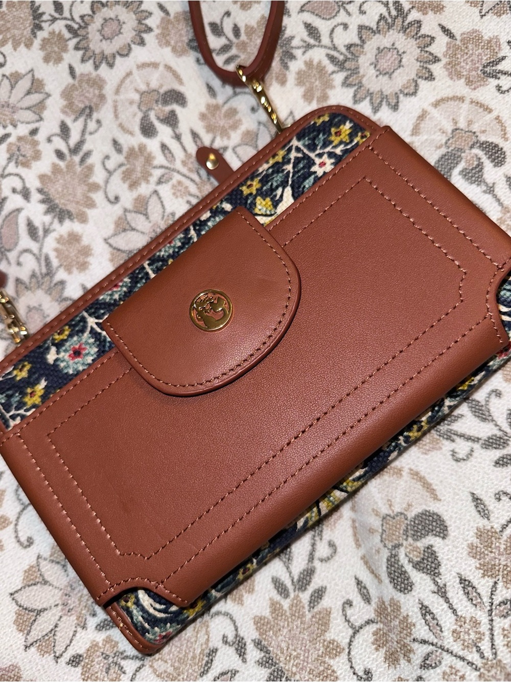 Spartina 449 Tan Leather & Navy Floral Crossbody Wallet